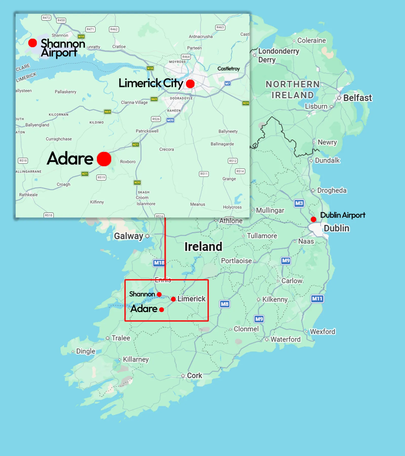 Map of accommodation zones around Adare Manor showing Adare Village, countryside estates, Limerick City and Shannon Airport